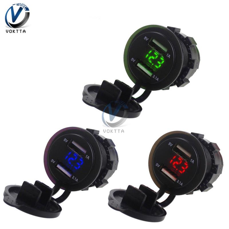 Car Charger Dual USB Port Multifunction LED Digital Display Voltmeter Waterproof Mobile Phone Smart Charging Socket Adapter