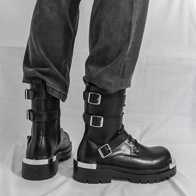 Designer New Men's Black Rock Punk Hip-hop Belt Buckle Ankle Boots Botas Britain Fashion Luxury Motorcycle Shoes Zapatos Hombre