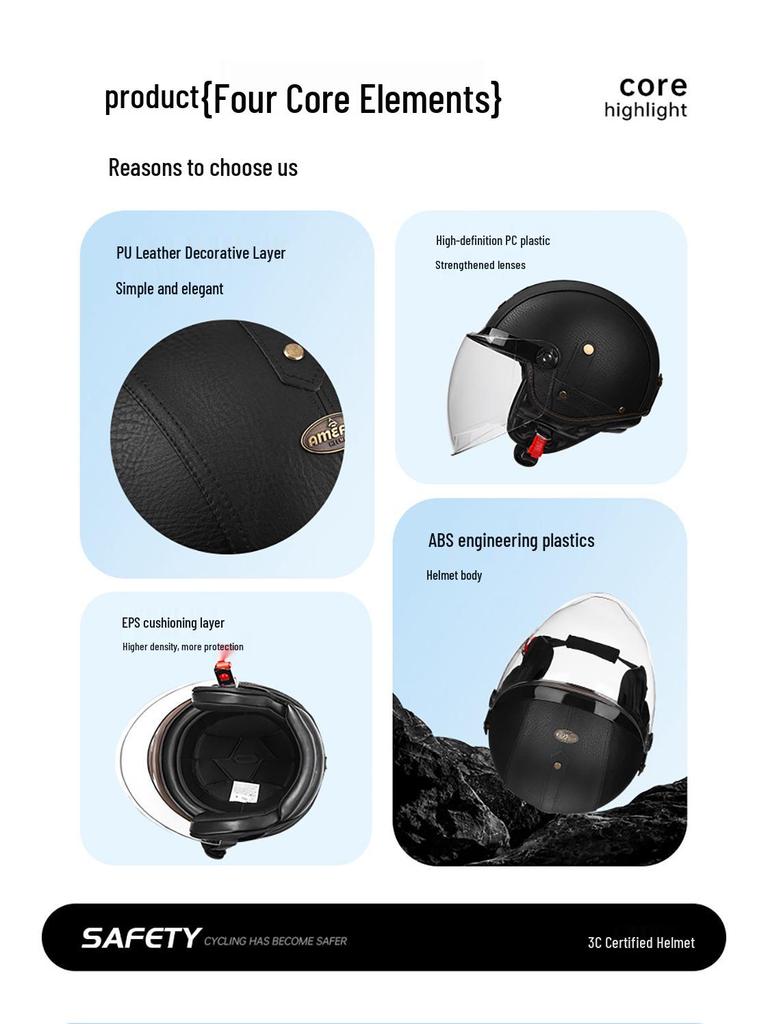 3C Certified Retro Motorcycle Half Helmet, Unisex Leather 3/4 Helmet, All-Season Warm Safety for Motorbikes & Electric Vehicles.