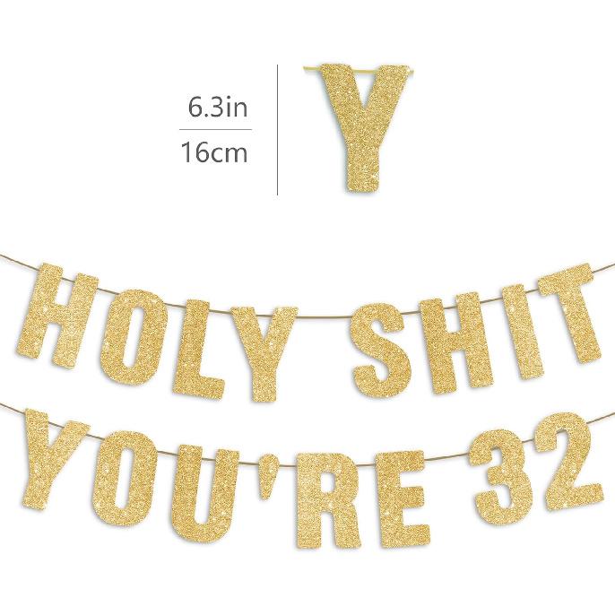 Pre-Strung Holy S You're 32 Gold Glitter Banner, Happy 32nd Birthday Decorations for Women, 32 Year Old Party Decor for Men