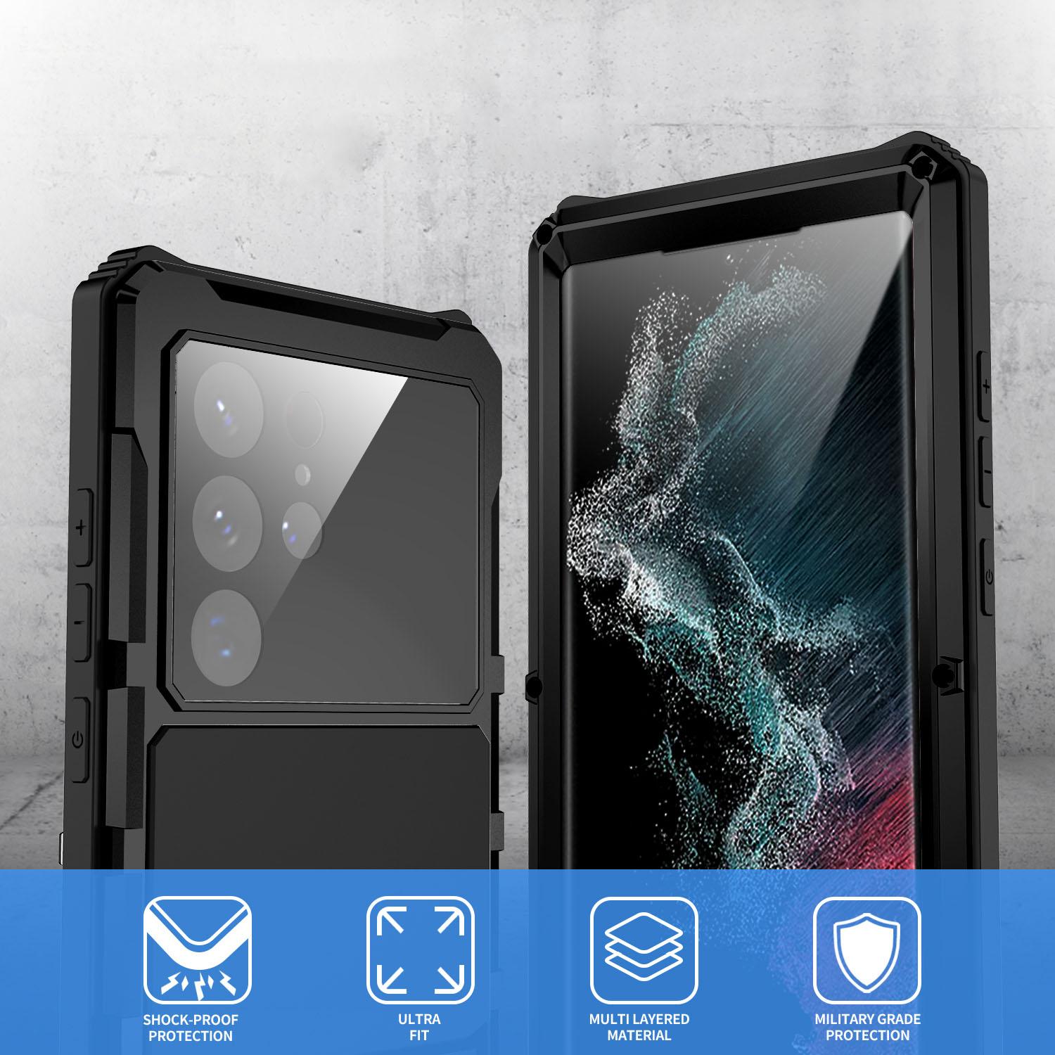 

R-JUST For Samsung Galaxy S22 Ultra 5G Waterproof Drop-Proof Case Kickstand Back Cover with Tempered Glass Silver