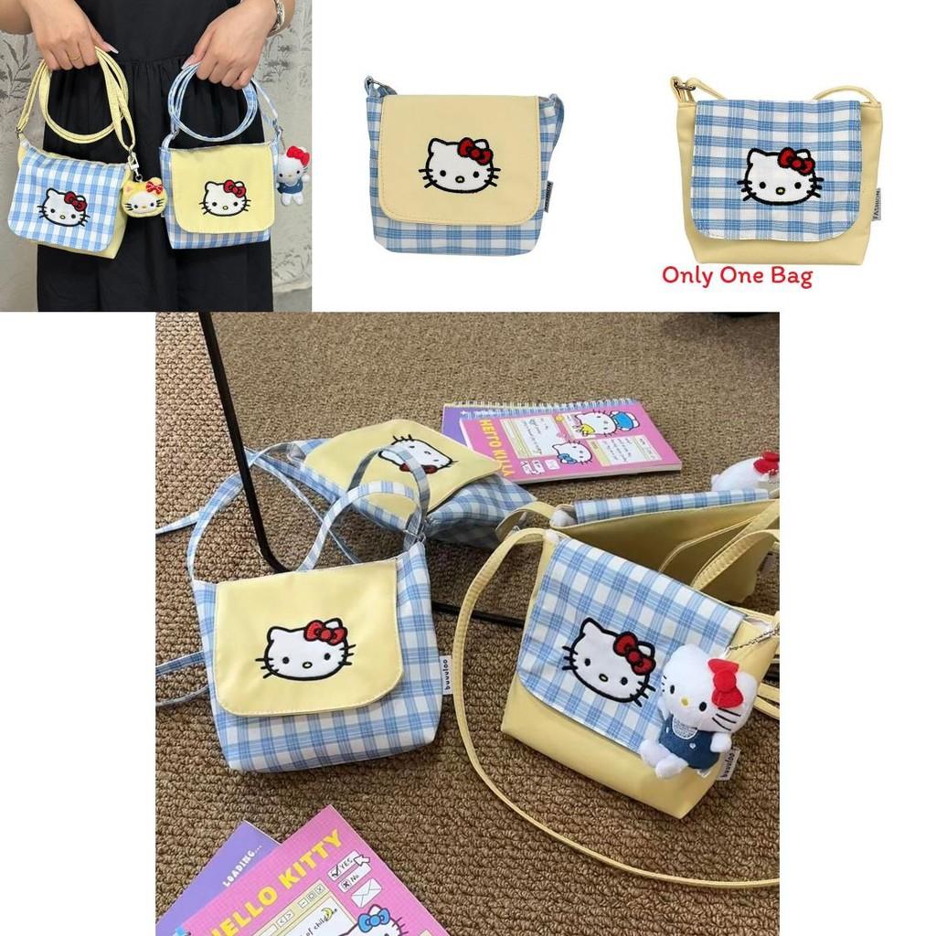 Hello Kitty Fashion Crossbody Bag With Plaid Pattern And Nylon Material For Women