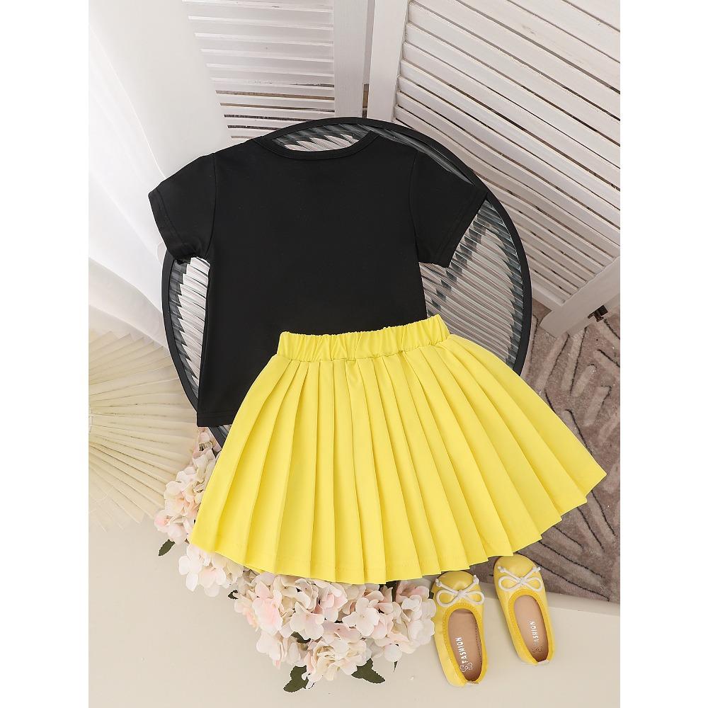 Children's Clothing 2-7Y Girls Skirt Suit Pink Flower Black T-shirt + Pink Pleated Skirt Set Cute Skirt Cotton Short Sleeve