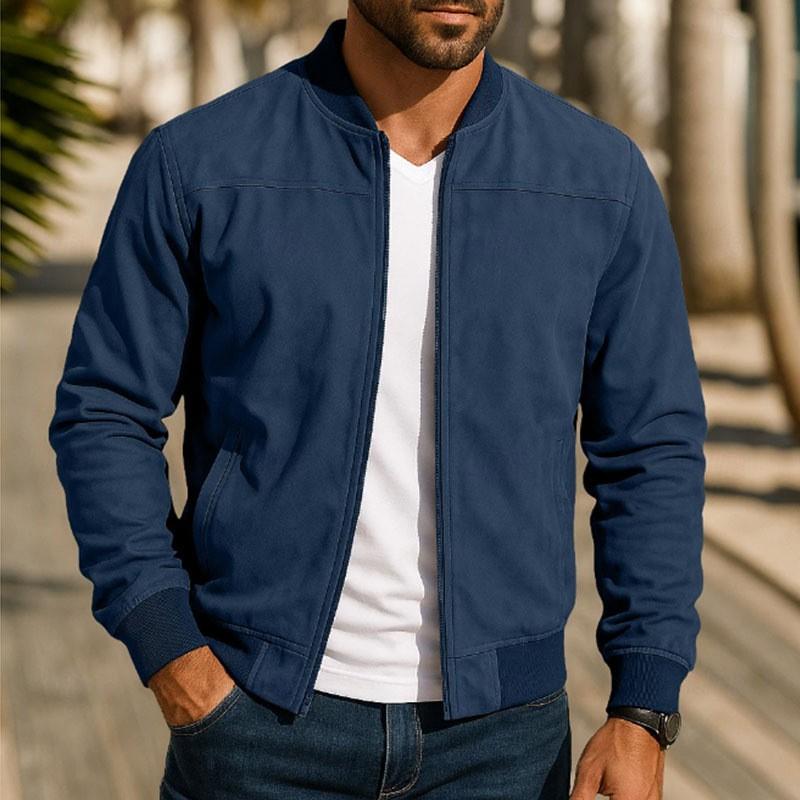 Mens Suede Jacket Stand Collar Zip-up Business Casual Solid Color Slim Fit