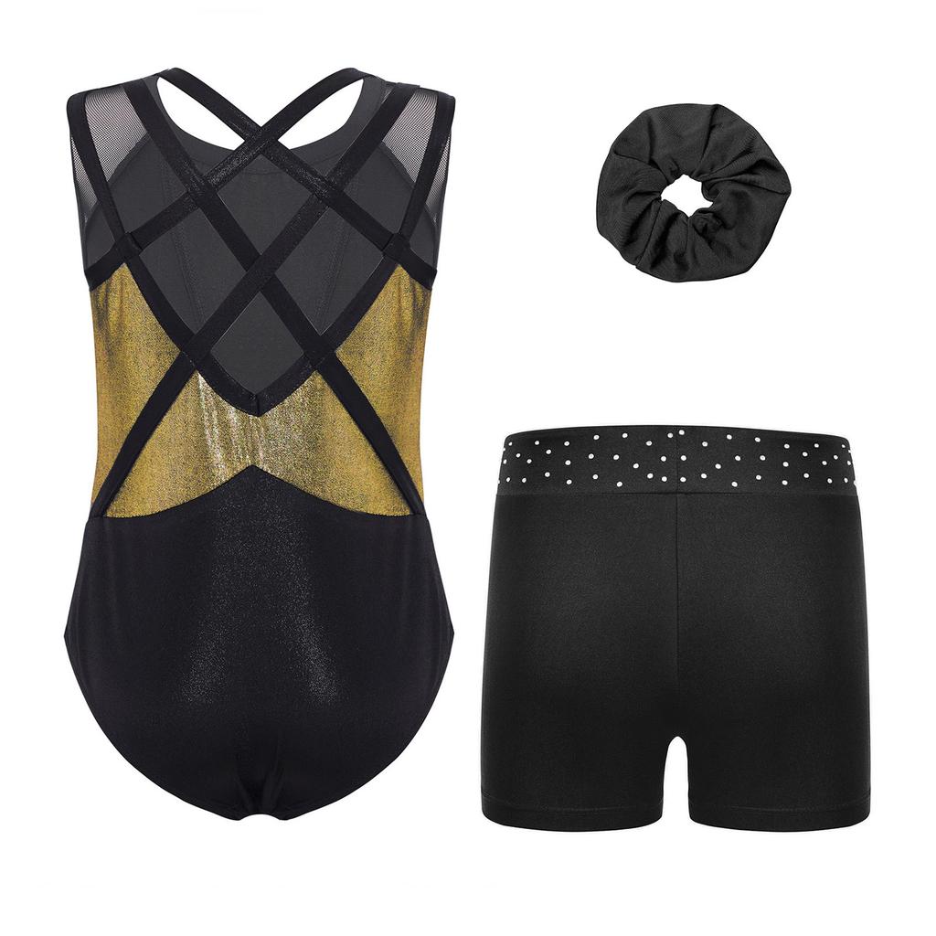 Girls Dance Gymnastics Outfit Sleeveless Crisscross Back Shiny Rhinestones Color Block Metallic Leotard Elastic Waistband Short