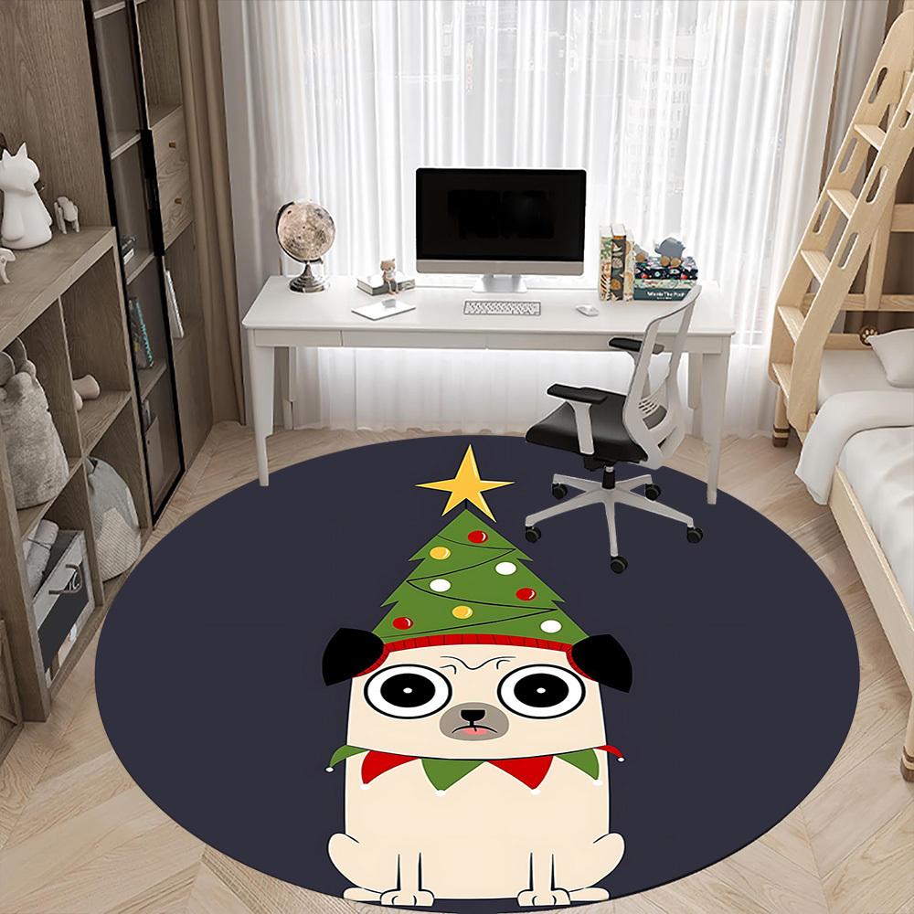 1pc Christmas Pug Office Round Area Rug, Indoor Mat Suitable ForOffice, Under Office Chairs Bedroom Living Room Home Decor, Room Deco T117