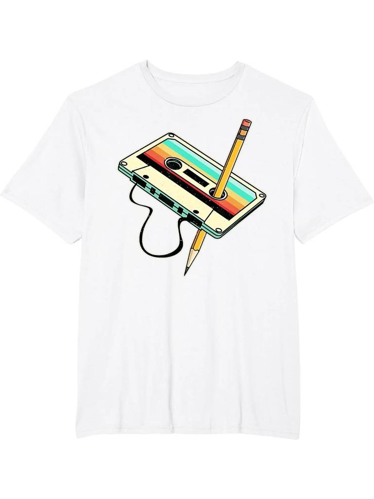 Camiseta Masculina 3D Impressa Lápis Fita Cassete Anos 80 Camiseta Retro Música Anos 1980 Roupa Masculina Camiseta Vintage Camisetas
