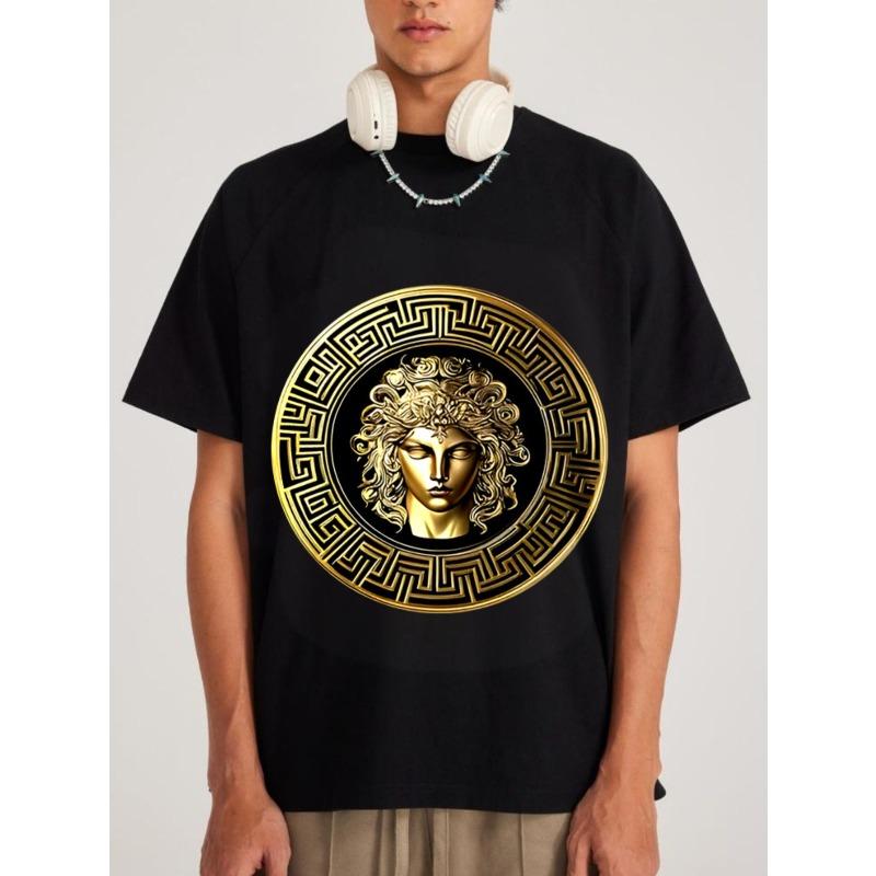 Svart T-skjorte Gullfarget Medusahode Gresk Mønstertrykk Casual Streetwear Mote Unisex Topp for Menn og Kvinner