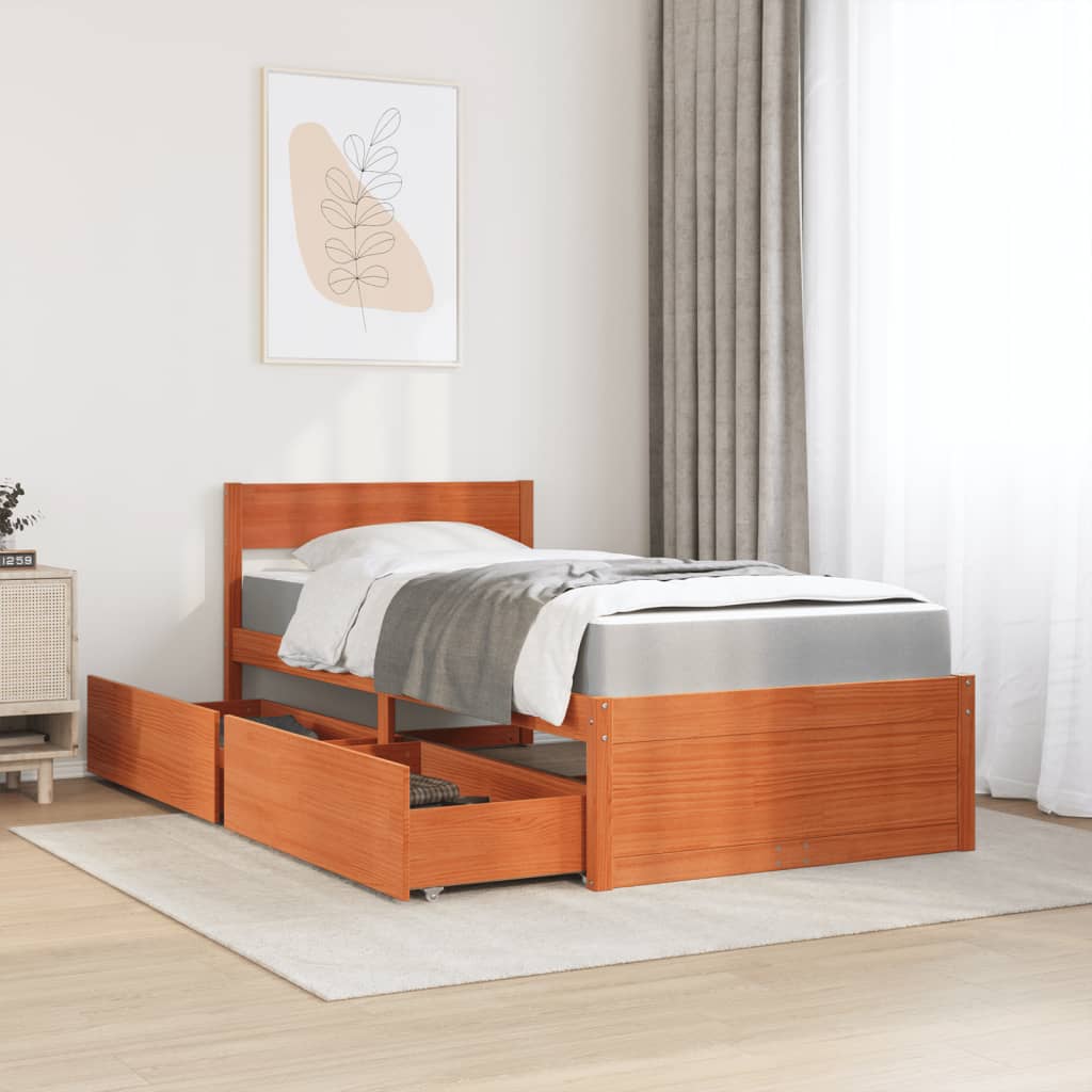 Bed with Drawers and Mattress Wax Brown 100x200 Cm Solid Wood