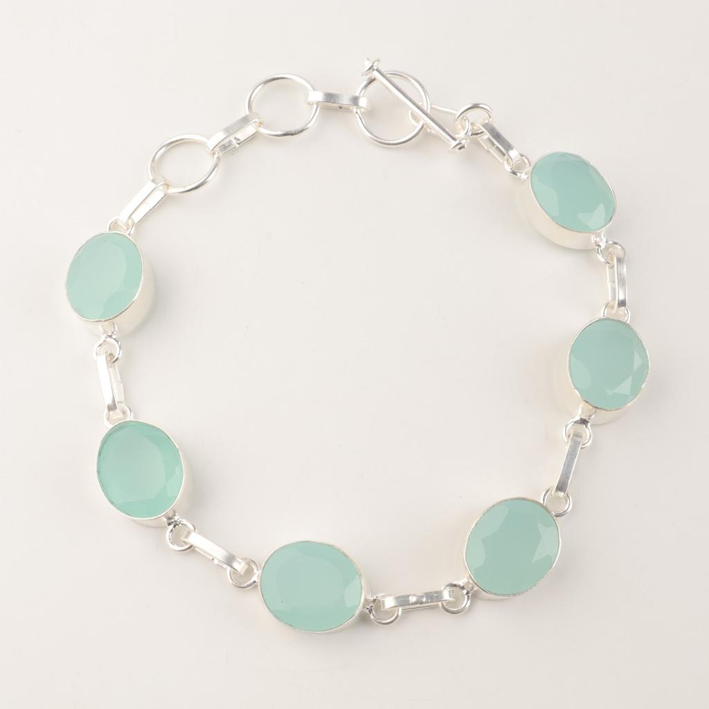 Aqua Chalcedony Gemstone 925Sterling Silver Handmade Partywear Bracelet Jewelry RB-5-16