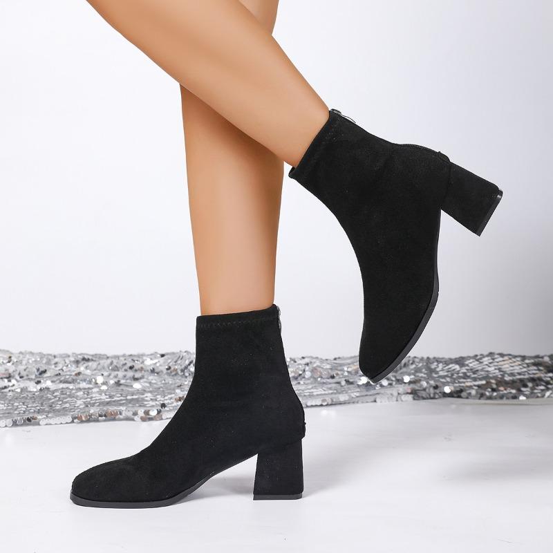 New European and American Style Leopard Print Square Head Thick Heel Short Boots Women's Suede Medium Heel Short Rear Zipper Martin Boots Single Boots