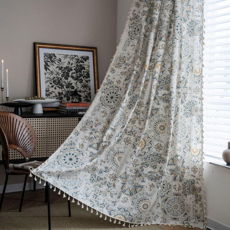 

American Style Cotton Linen Vintage Printing Tassels Window Curtain Blackout Kitchen Valance Living Room Bedroom Decor Curtain W150 x H160cm&Punching