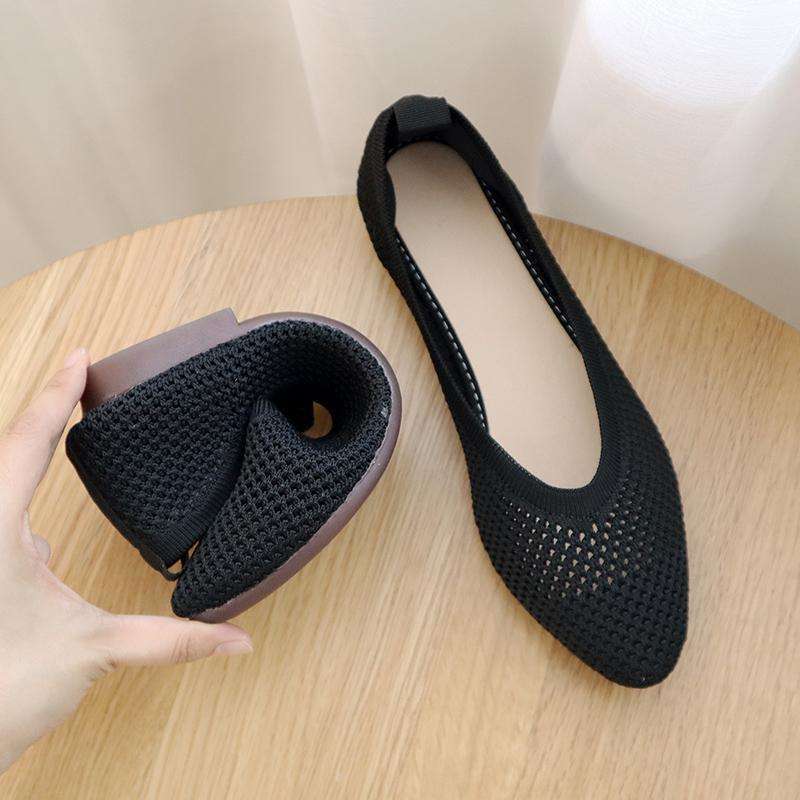 Flat-soled Single Shoes Women's 2025 Spring and Summer Pointed-tip Knitted Hollowed-out Breathable Doudou Shoes Soft-soled One-pedal Flying-woven Ma