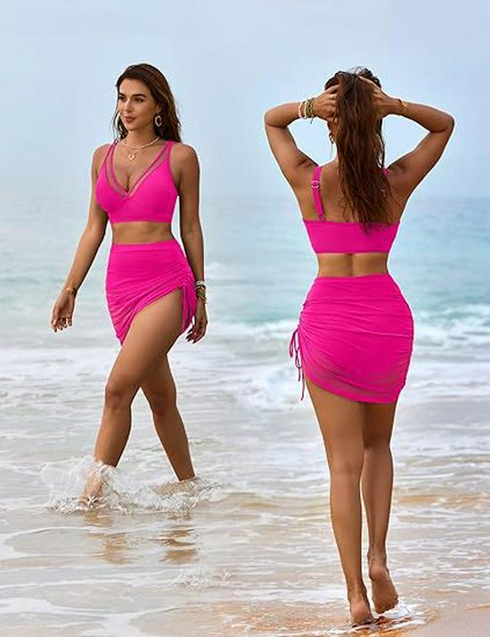 2025 European & American Sexy Mesh Patchwork Drawstring Split Swimsuit