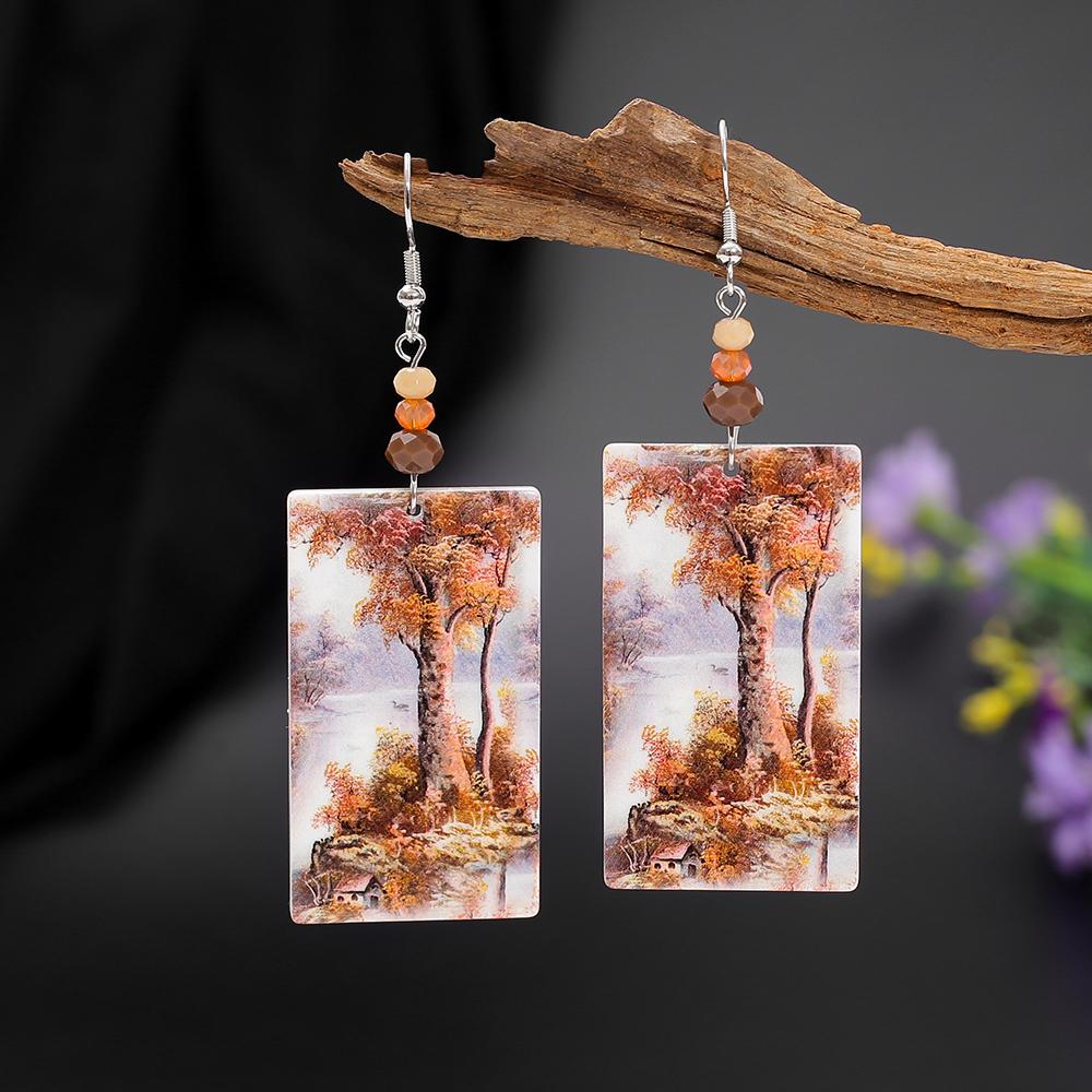 Gold Color Tree Of Life Design Relievo Printing Acrylic Earrings For Women Vintage Style Trend Lithe Daily Wearing Jewelry