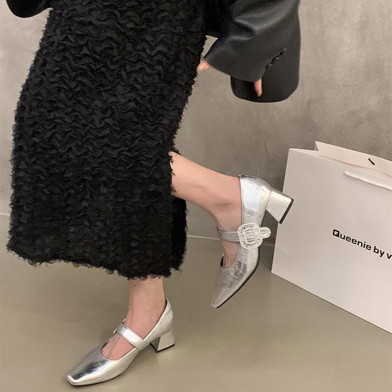 Designer Low Heel Women Mary Jane Shoes Fashion Shallow Crystal Buckle Shoes Ladies Casual Dress Street Style Shoes