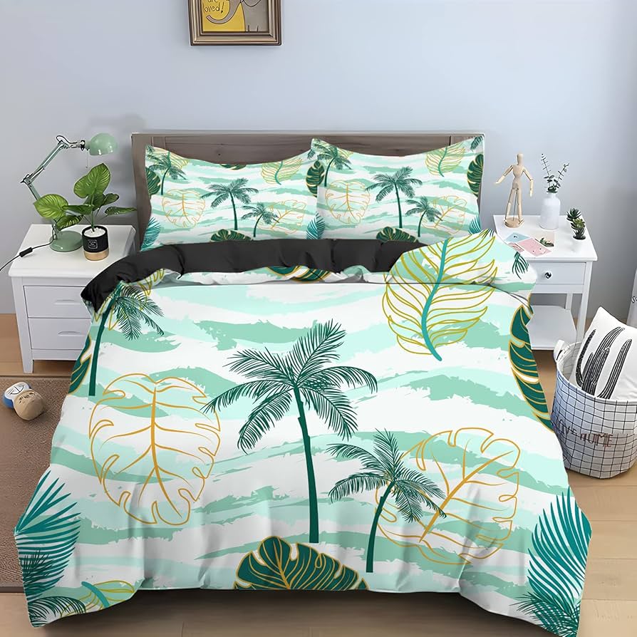 Tropical Leaves Duvet Cover Twin King Palm Leaf Pattern Bedding Set for Boys Girl Room Botanical Monstera Leaves Comforter Cover