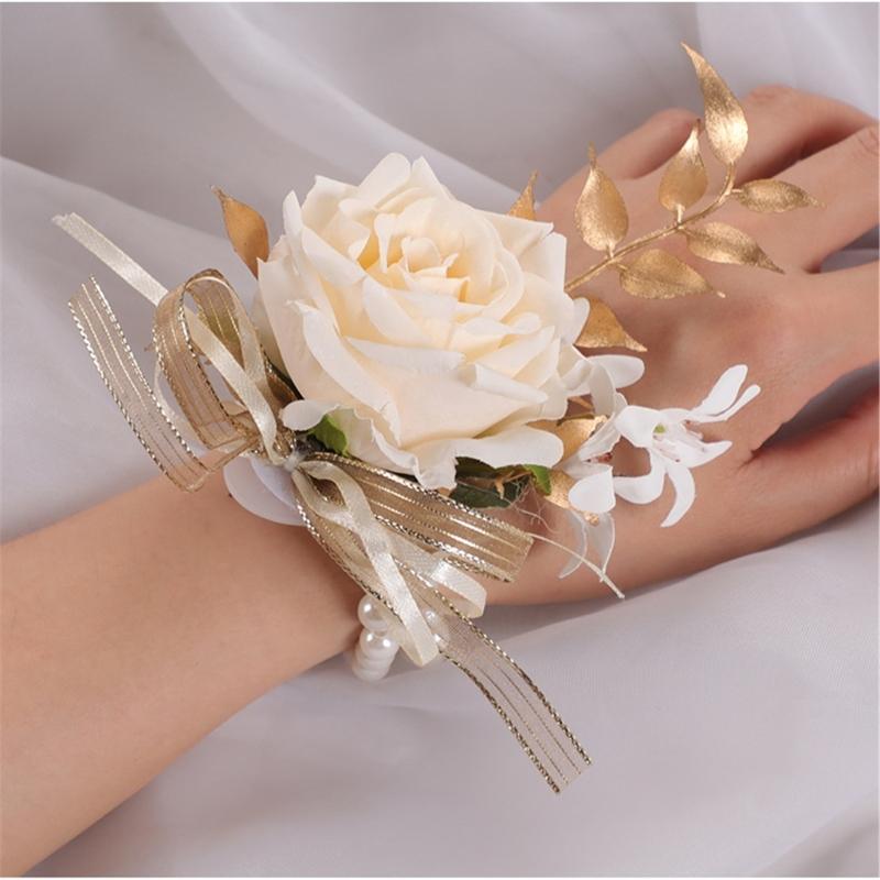 Luxurious Artificial Flower Bride Wrist Flower Chest Corsage With Golden Foliage Design Wedding Party Wrist Jewelry