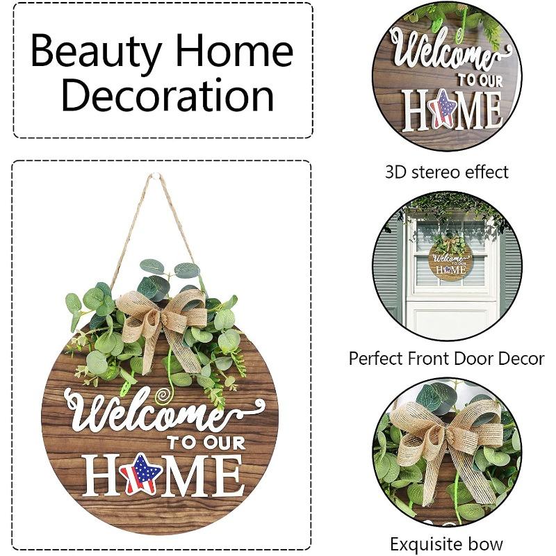 1 Set Seasonal Welcome Sign Front Door Decoration, Rustic Round Wood Wreaths Wall Hanging Outdoor, Farmhouse, Porch