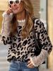 Leopard Print Lace Trim Patchwork Pullover - Women's Long Sleeve Round Neck Knit Sweater