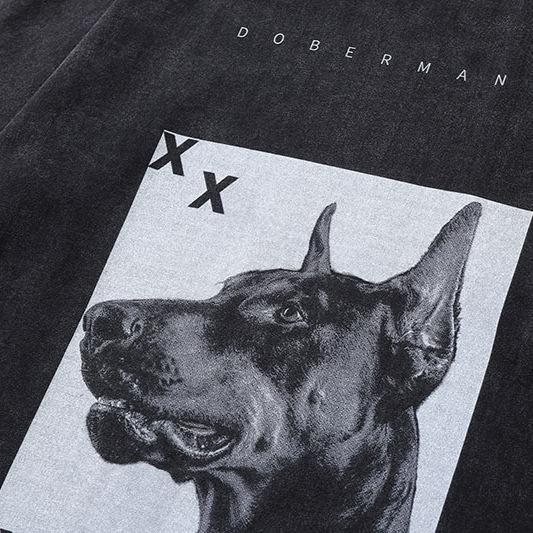 Trendy Brand American High Street Retro Doberman Direct Injection Printing Washed Long-Sleeved T-Shirt Men'S Loose Vintage Top