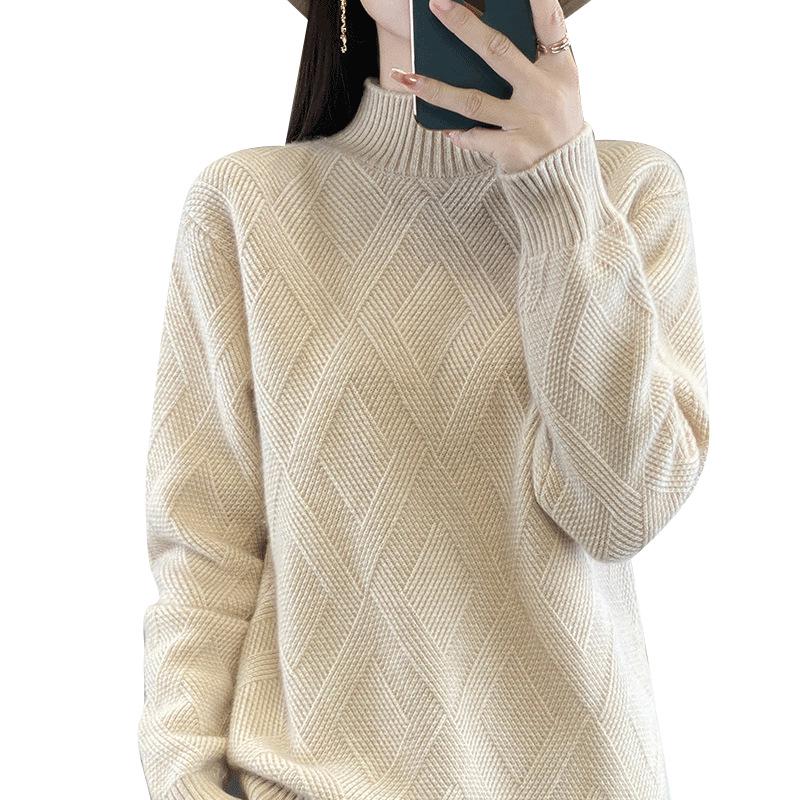 Versatile Women's Wool Sweater: Half-High Neck, Solid Color, Diamond Cable Knit, Warm & Comfortable Pullover