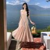 Seaside Vacation Dress, Sexy Temperament, Big Halter, Pink Suspender Skirt, Women's Summer Waist and Thin Hip-wrapped Dress