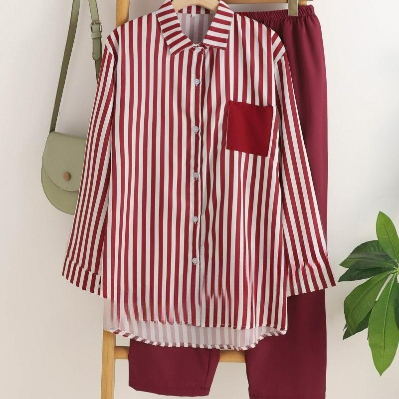 

Summer Loose Casual Button Striped Long-sleeved All-match Two-piece Suit for Women 4XL червоний