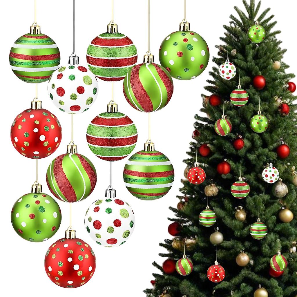 12pcs Christmas Ball Ornaments Tree Decoration 2.4 Inch Red Green Hanging Xmas Tree Ornaments Glittering Plastic Christmas Balls
