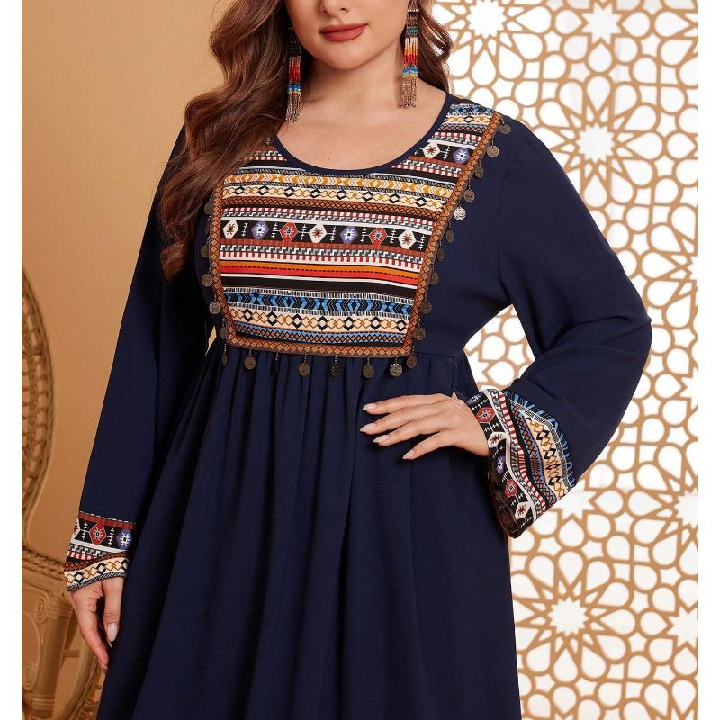 Plus Size Vintage Ethnic Embroidered Round Neck Patchwork Long Sleeve Long A Line Dress For Women
