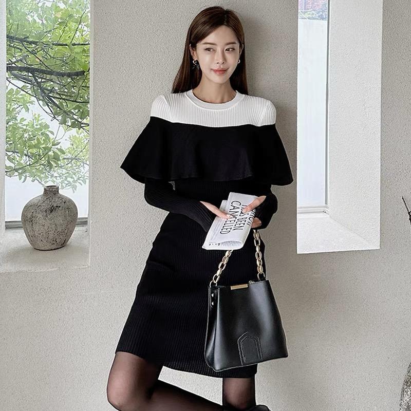 Rochie elegantă șic elegantă, solidă, cu decolteu în formă de O, cu mânecă lungă, cu volan, rochie mulata, la modă sexy, rochie subțire elastică, cu șold