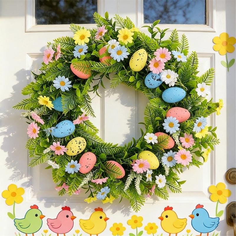 Easter Eggs Artificial Flower Wreath Easter Wreath Wall Hanging Decoration for Front Door Porch Mantels Home Decoration