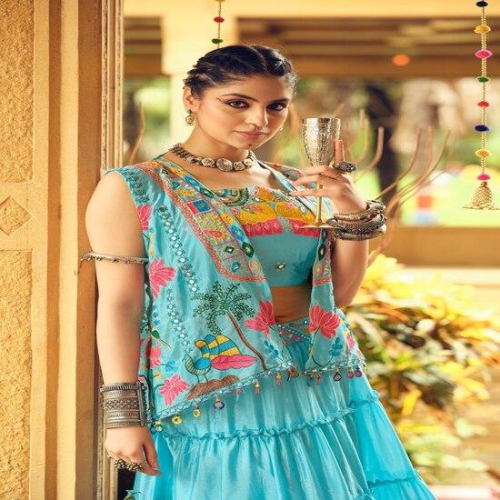 Festive Blue Tiered Skirt & Embroidered Jacket Set