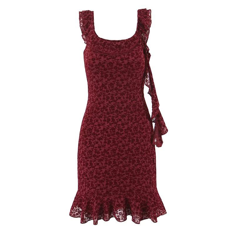 Hot Rose Motel Sexy Gyaru Design Streamer Draped Flocking Print Small Flying Sleeve Sling Dress