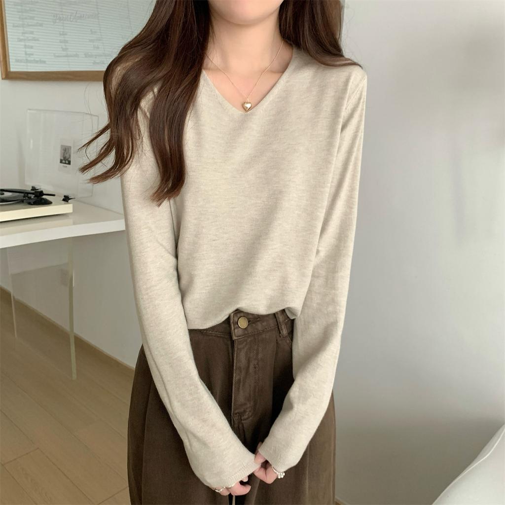 Premium soft waxy collar simple knitted primer sweater women's spring, autumn and winter casual lazy long-sleeved inner top