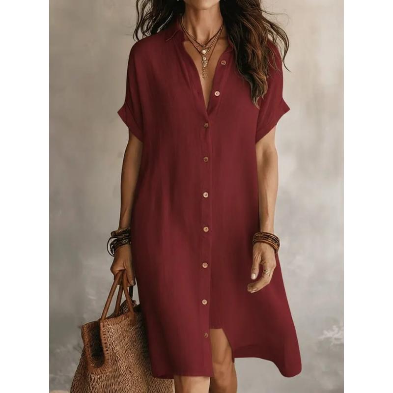 

Women s Summer Cotton Linen Shirt Dress Lapel Collar Short Sleeve Button Down Loose Casual Solid Color Midi Dress for Daily Vacation Beach Wear XXL кларет