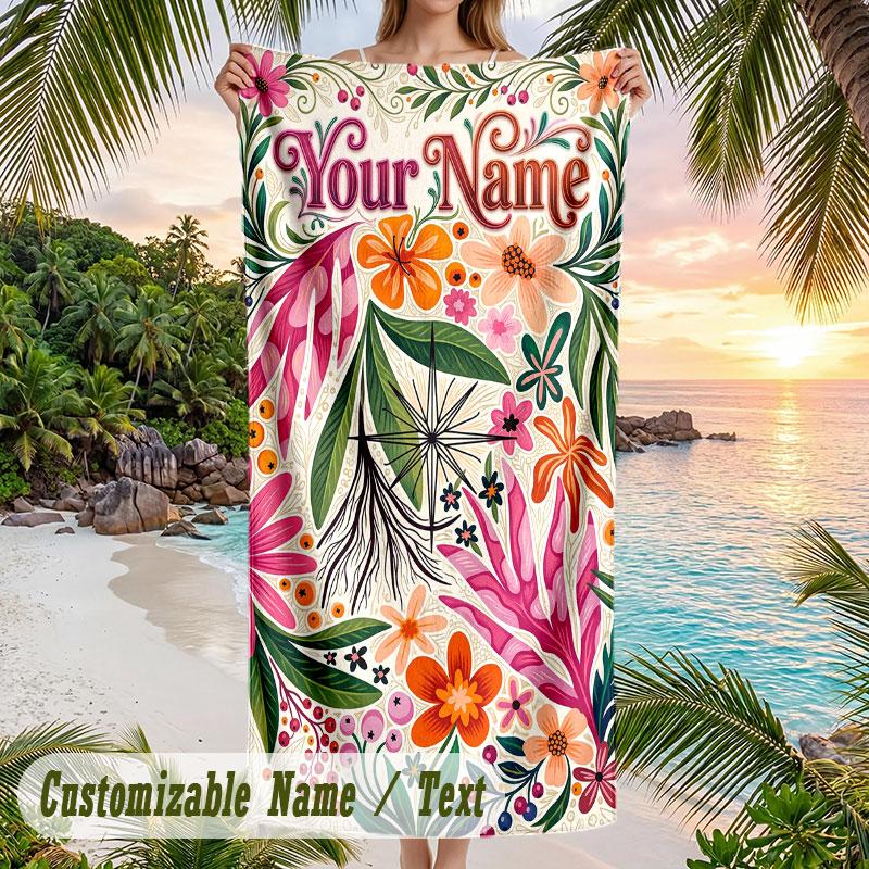 Floral Artwork 5 Theme Quick Dry Beach Towel Custom Name Text Print Large Sand Resistant Towel Beach Vacation