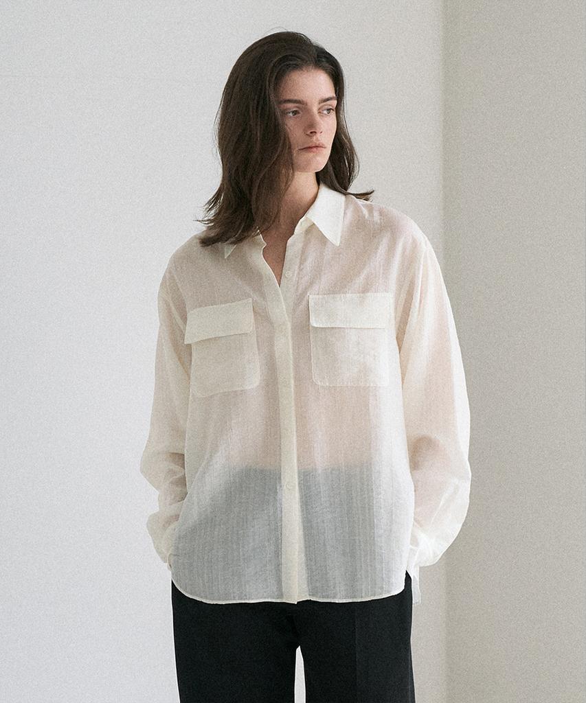 VIYUL Sheer Slub Loose Fit Collared Shirt Blouse_Ivory