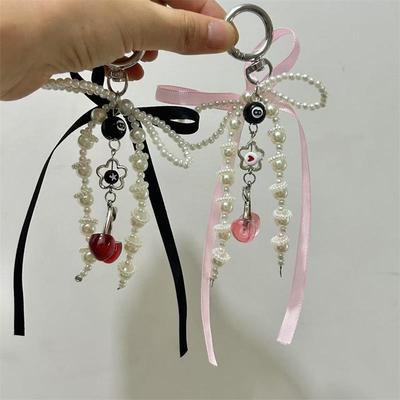 Sweet Cool Pearl Ribbon Bow Cherry Phone Chain Keychain Pendants Backpack Charm Fashion Trendy Women Bag Hanging Accessory Gifts