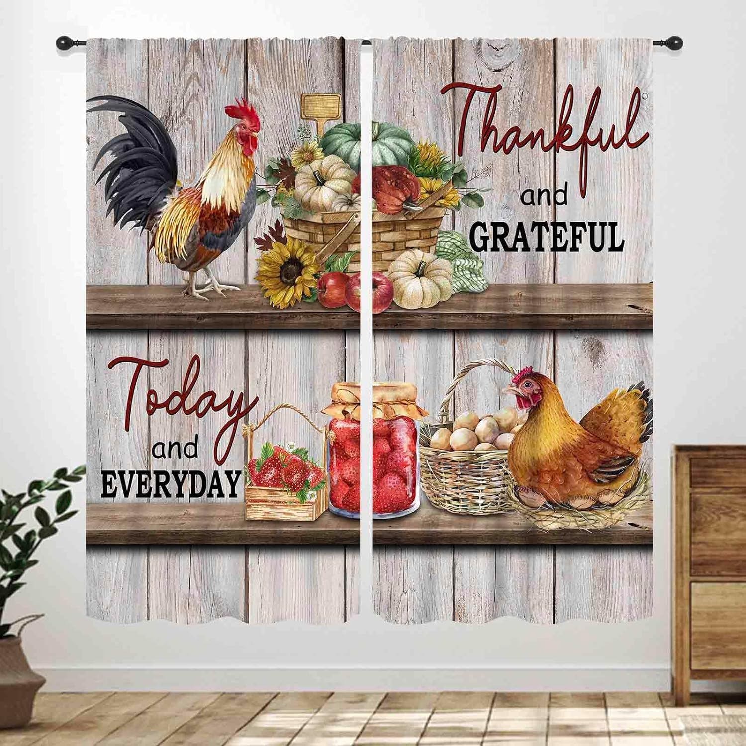 Farmhouse Animal Curtains,Vintage Country Farm Chicken Cow Pig Western Sunflower Kitchen Decor,Wood Texture Animals Treatment 60×150