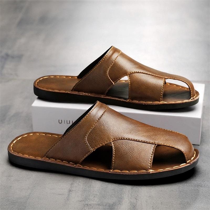 Men Slippers Handmade Simple Flats Brown Leather Sandals Black Summer Roman Sandals Closed Toe Beach Shoes Plus Size