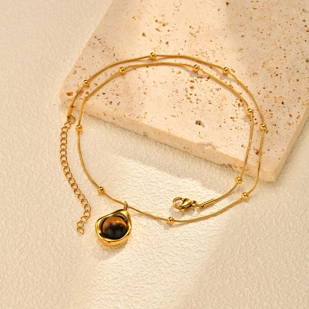 Collier œil de tigre naturel pour femme, Collier ras-de-cou superposé avec pendentif perlé style bohème, Bijou pierre irrégulière