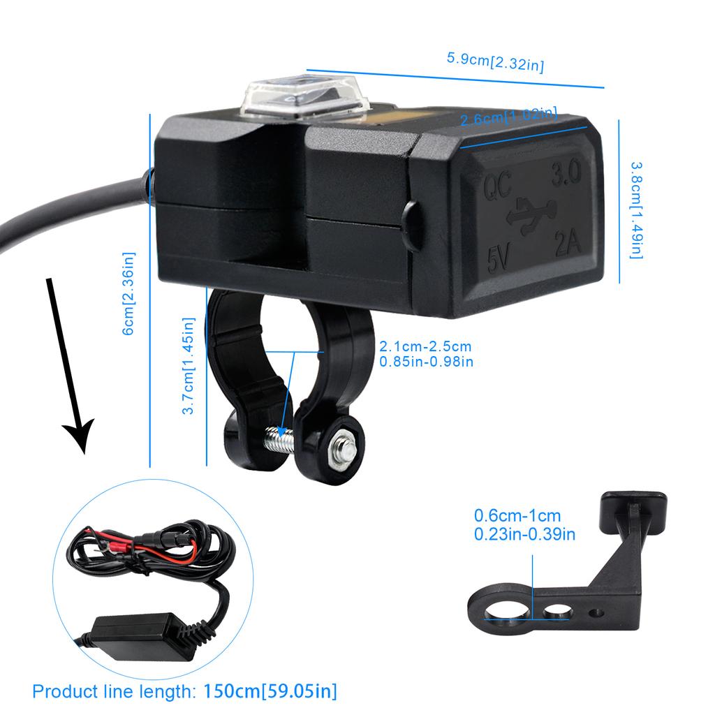 Motorcycle Electric Car USB Mobile Phone Charging Waterproof Switch Integrated Handle Bar Rearview Mirror, 9-32V