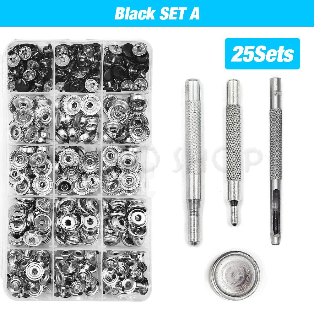 25Sets Metal Snaps Button Snap Fasteners Press Studs With 4 Installation Tools Kit For Clothes Garment Bags Shoes Leathercraft