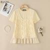 Women Casual Round Neck Lace Patchwork Summer Short Sleeve Blouse