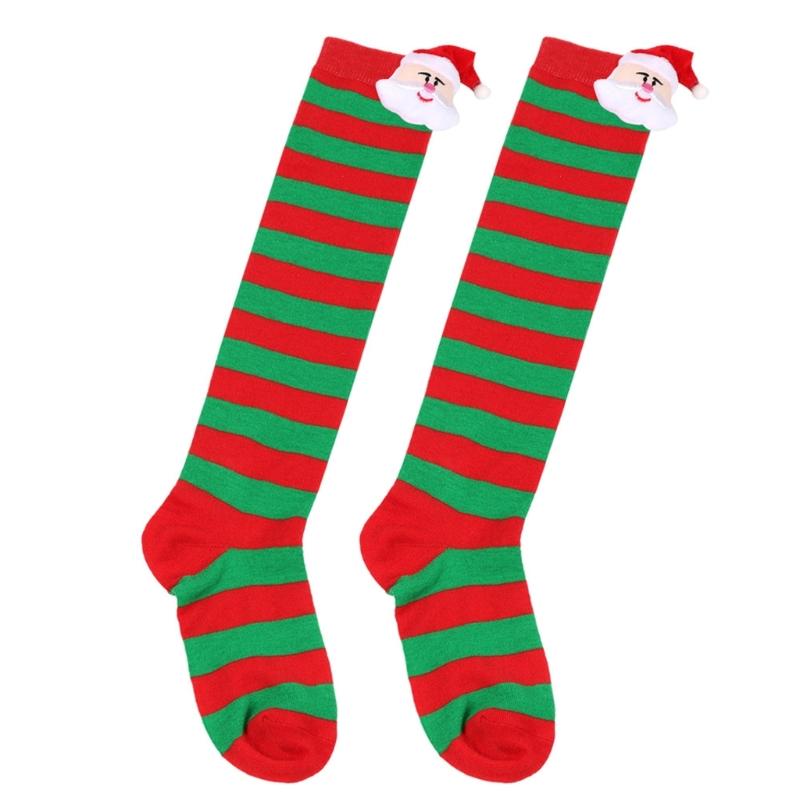 

Cartoon Santa Christmas Stockings for 6-10Y Children Over the Knee Socks for Little Girls Unisex Winter Striped Socks
