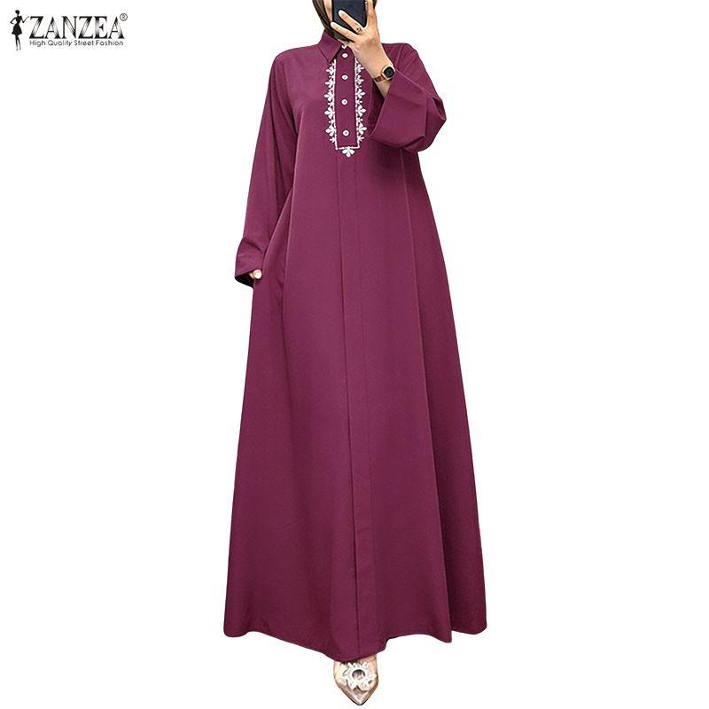 ZANZEA Women Casual Turn Down Collar Loose Floral Embroidery Long Sleeve Dress