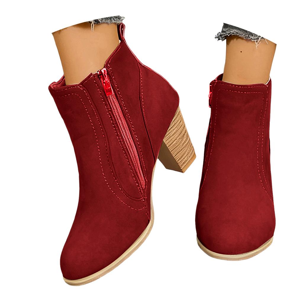 Damen Bequeme Runde Spitze Einfarbige Hohe Absätze Kurzer Schaft Seitenreißverschluss Modische Knöchelboots Stiefel für Damen Leder