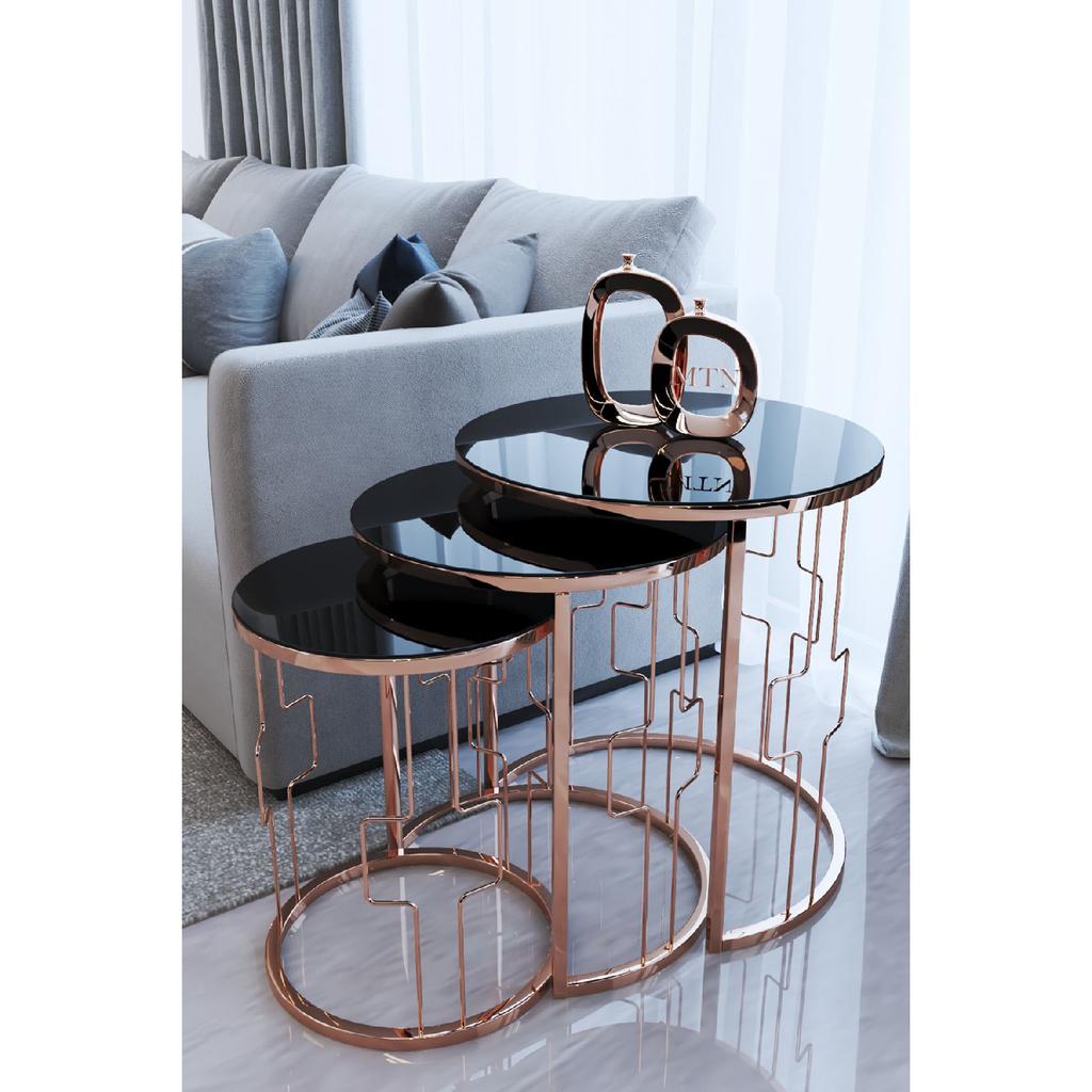 Square Wire 3-seat Nesting Coffee Table Rose Coated Black Tempered Glass