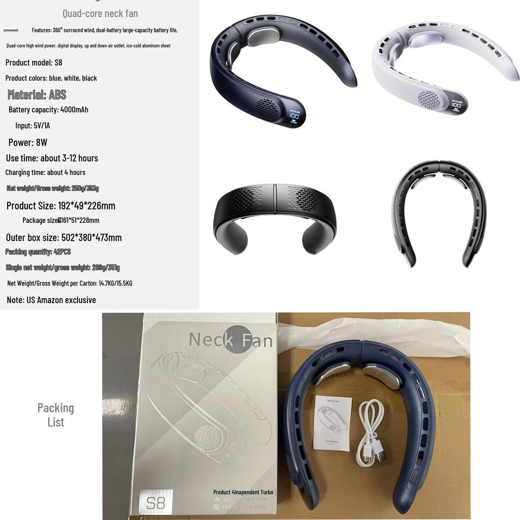 Silent Cooling Neck-Hanging Mini Fan: Rechargeable USB, Long Battery Life